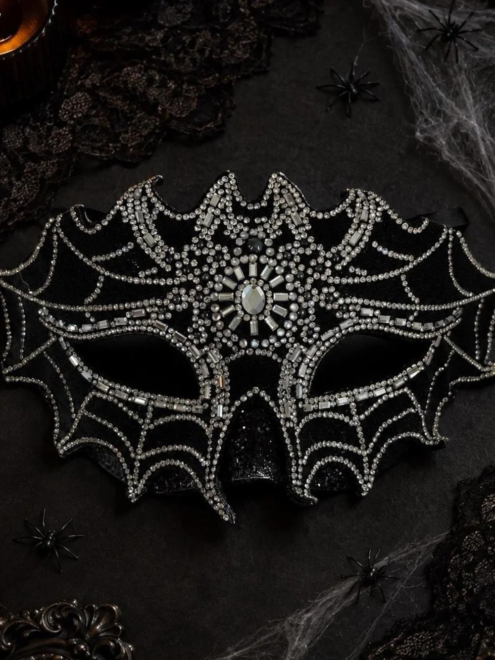Black Rhinestone Spiderweb Masquerade Mask Halloween Costume